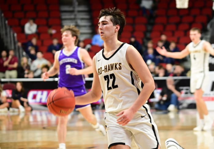 Waverly-Shell Rock's Luke Frazell chases down a loose ball against MOC-Floyd Valley during a Class 3A state tournament semifinal at Wells Fargo Arena in Des Moines on Thursday. (Photo by Ryan Timmerman)
